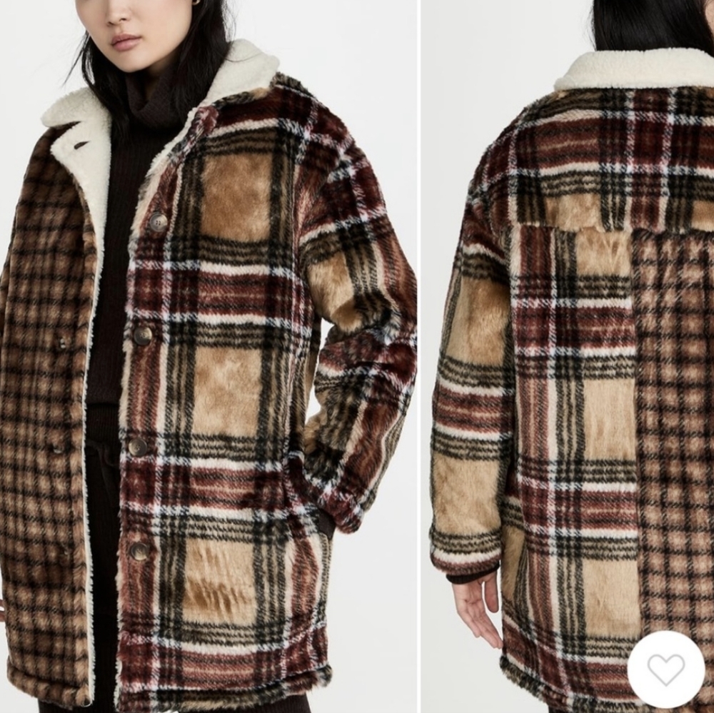 Something Navy Faux Fur Plaid Teddy Trucker Coat